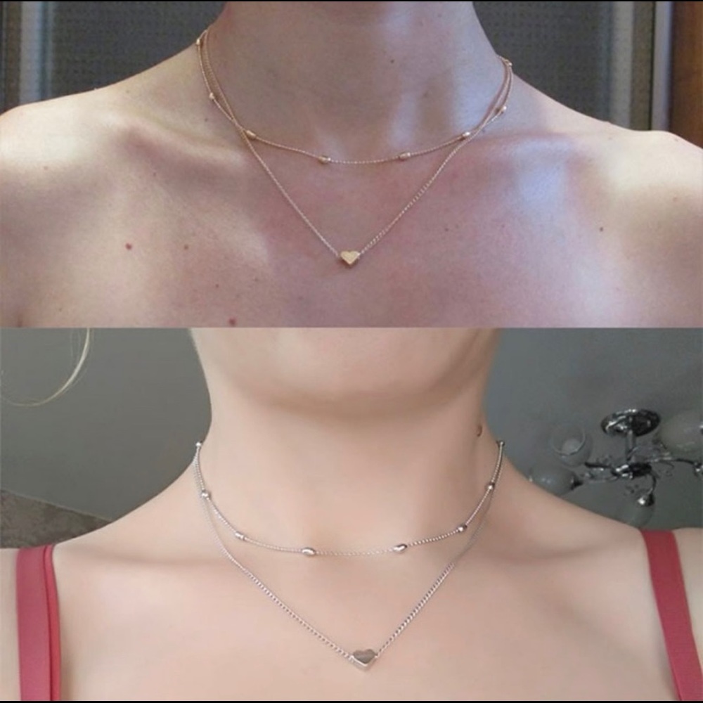 1 Left! Silver 2-Layer Heart Chain Choker Necklace - Picture 2 of 2